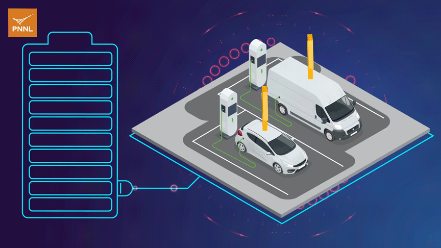 An animation showing two electric vehicles plugged into chargers.