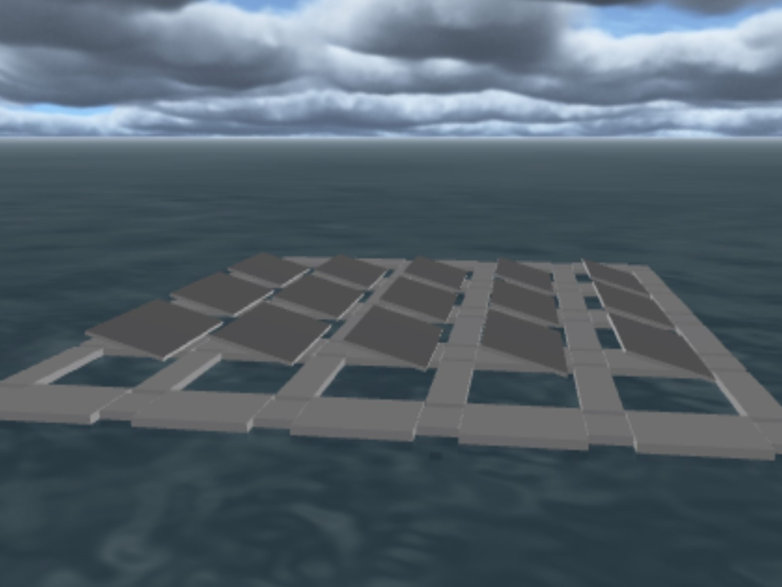 computer model of a floating solar array on a body of water with clouds in the sky