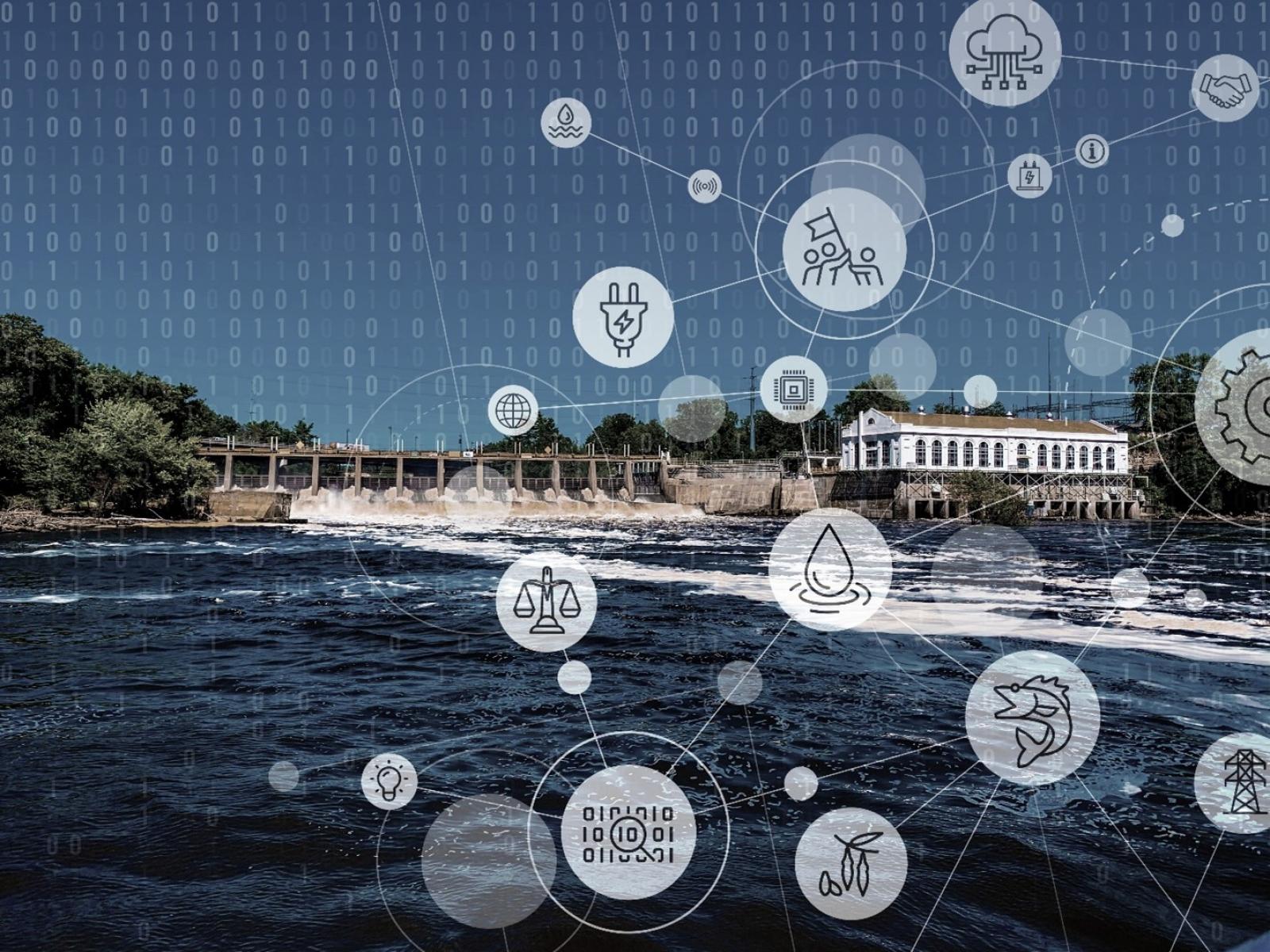 Photo of hydropower plant with data-related icons overlaying it