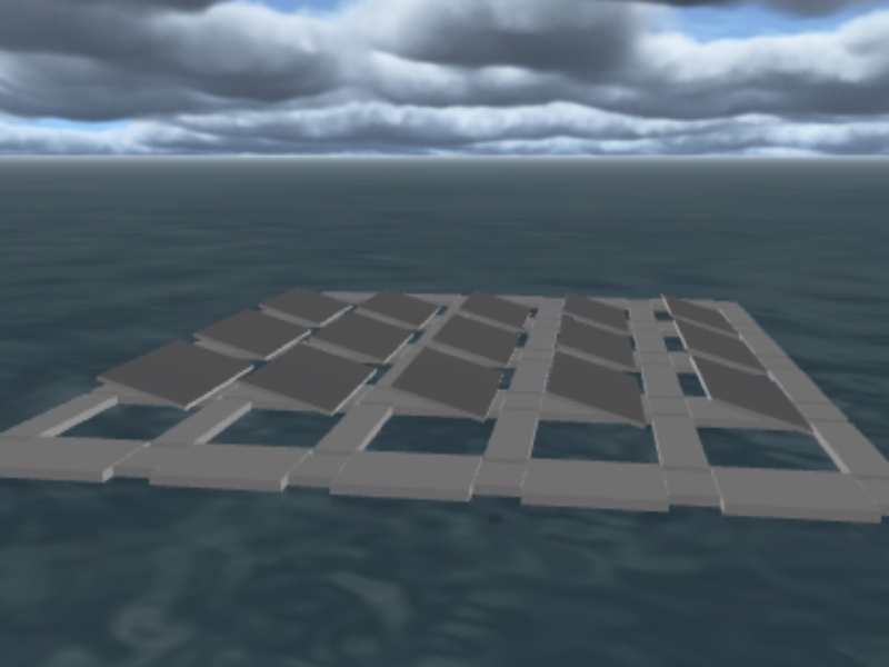 computer model of a floating solar array on a body of water with clouds in the sky
