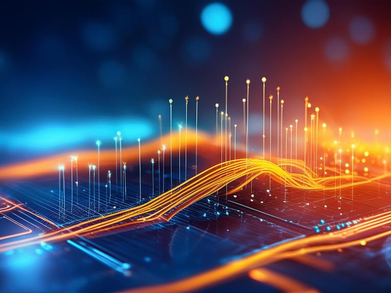 Artificial intelligence graphic of blues and oranges that look like a wave of data. 