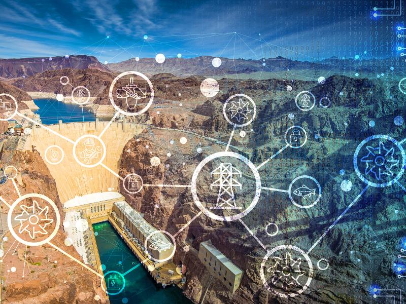 Graphic image displaying the complexity of a large hydropower dam and how a digital twin of the physical structure might be represented