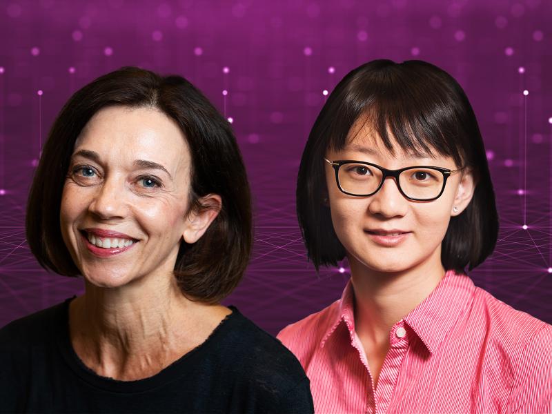 Composite image of headshots of two Earth scientists on a background designed to represent data and connection