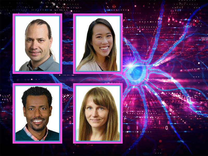 Portraits of Jason McDermott, Justine Nguyen, Jennifer Kyle, and Fikadu Tafesse with biology background