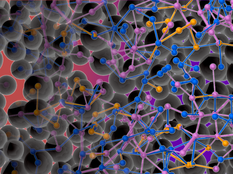 Multicolored image with stick and ball molecule representations surrounded by black spheres