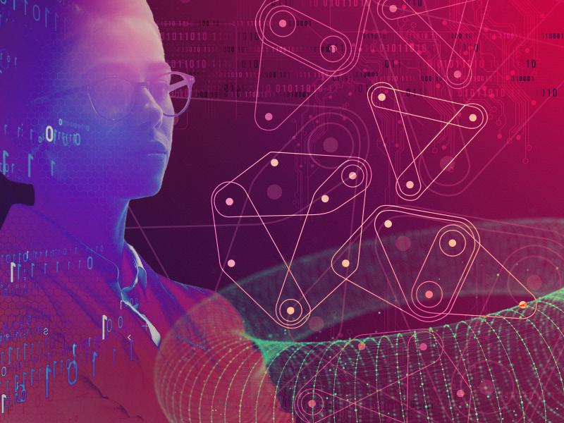 Image of a researcher overlaid with digital elements representing cybersecurity