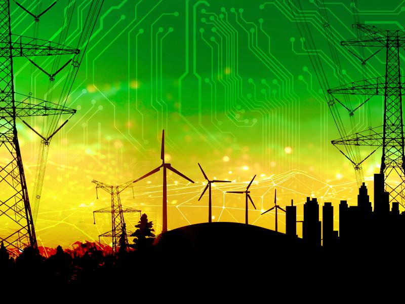 a skyline in silhouette with electrical lines and wind turbines overlaid with circuit imagery. 