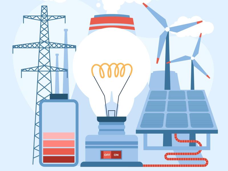 Graphic containing images of transmission lines, battery power, a lightbulb, wind turbines, and solar panels interconnected
