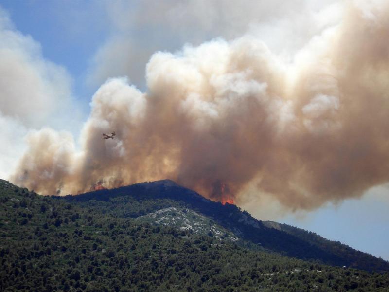 Wildfire smoke billows into the air above a mountain crest.